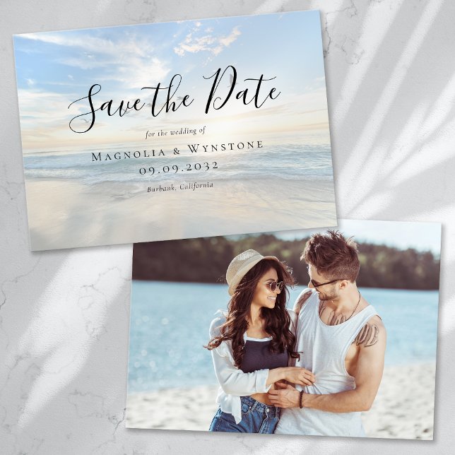 Beach Calligraphy Photo Save the Date Card (Creator Uploaded)