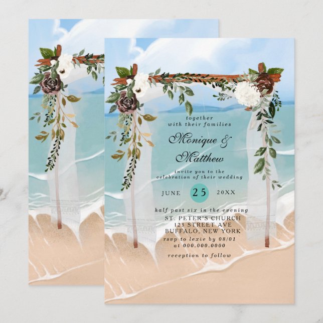 Beach Canopy Floral Tropical Modern Wedding Invitation (Front/Back)