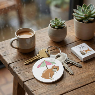 Beach Cat with Pink and Green Umbrella  Keychain