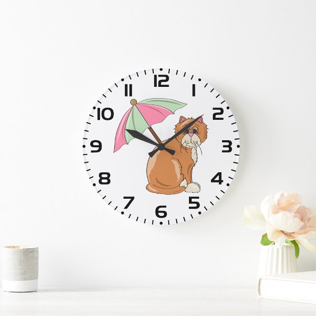 Beach Cat with Pink and Green Umbrella  Large Clock (Creator Uploaded)