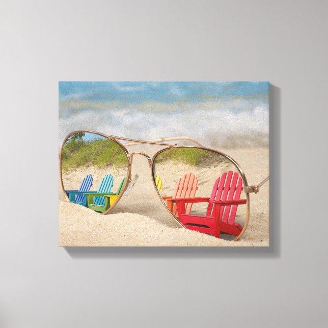 beach chair reflection in aviator sunglasses canvas print (Front)