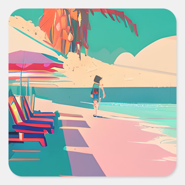 Beach Chair, Umbrella, Coral and Teal Beach Square Sticker (Front)