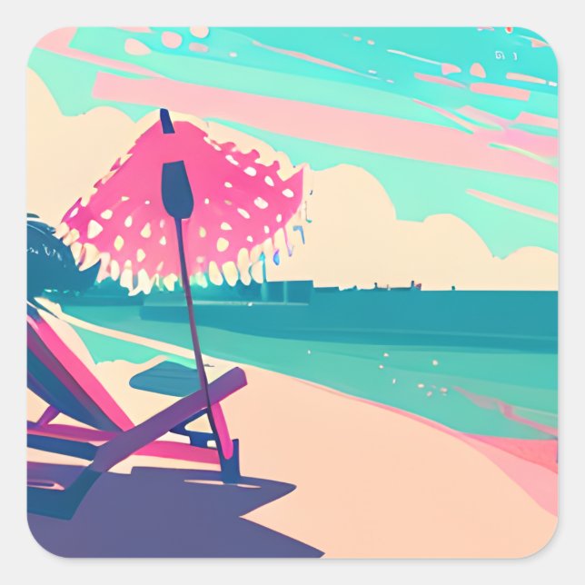 Beach Chair, Umbrella, Peach and Teal Beach Square Sticker (Front)
