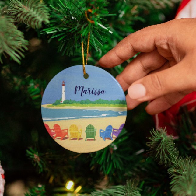 Beach Chairs and Lighthouse Personalized Ornament (Creator Uploaded)