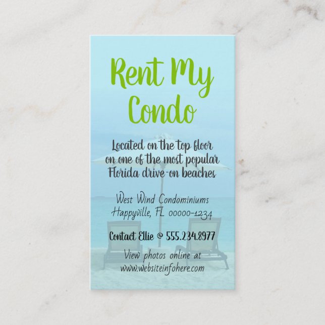 Beach Chairs Coastal Condo Home Rental Business Card (Front)