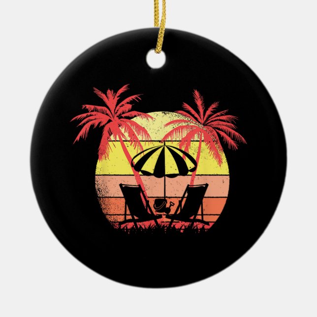 Beach Chairs Parasol Summer Sunset 80s Palm Tree Ceramic Ornament (Front)