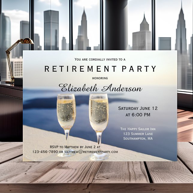 Beach Champagne Retirement Party Invitation (Elegant retirement party invitation featuring two champagne glasses at the beach. )