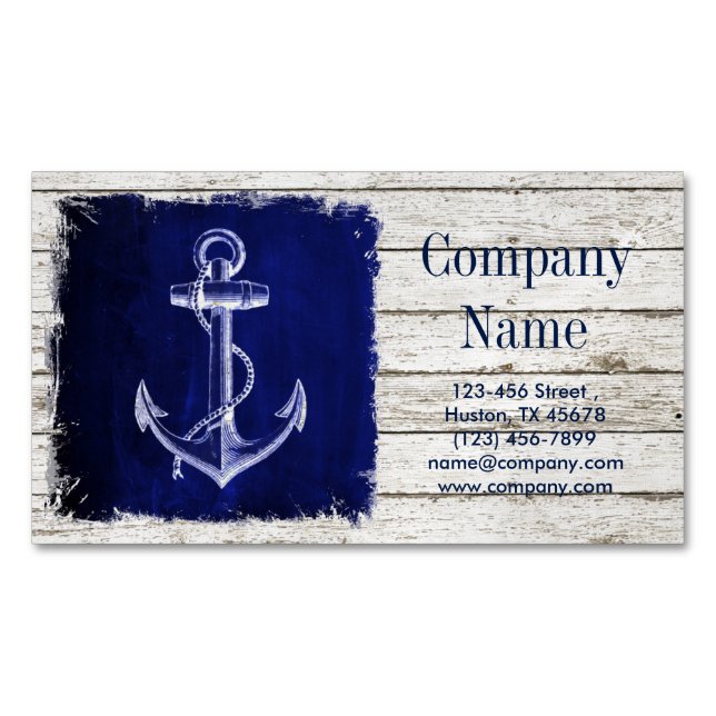 beach chic wood nautical navy blue anchor 	Magnetic business card (Front)