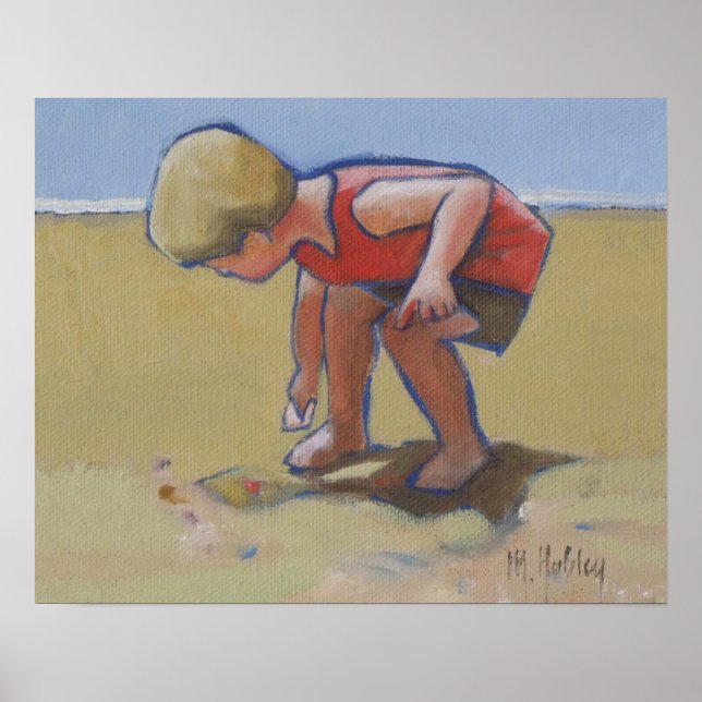 Beach child boy findng shell in the sand poster (Front)