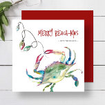 Beach Christmas Cards Watercolor Blue Crab<br><div class="desc">Celebrate the season with these beach Christmas cards featuring a festive watercolor blue crab wrapped in colourful holiday lights. The cheerful message "Merry Beach-mas" is displayed in playful script typography, making these cute Xmas cards a fun and coastal twist on traditional holiday cards. Customize your greeting card for Christmas using...</div>