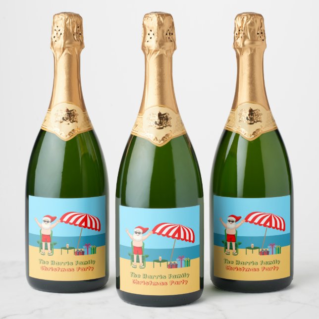 Beach Christmas Funny Santa Claus Custom Party Sparkling Wine Label (Bottles)