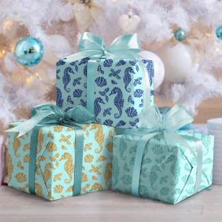 Beach Christmas Glitter Seahorse Pattern Aqua Blue Wrapping Paper Sheet