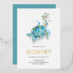 Beach Christmas Holiday Party Invitation<br><div class="desc">Celebrate the season with Do Tell A Belle's beach Christmas invitation, featuring a watercolor sea turtle adorned with holiday greenery in shades of turquoise, blue, and green. The words 'Holiday Party' are elegantly letterpressed in gold foil, adding a touch of sophistication. Customize with your party details for a coastal chic,...</div>