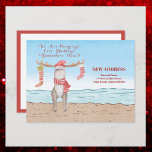 Beach Christmas Moose Moved Holiday Moving Announcement Postcard<br><div class="desc">Congratulations on your new home! What an exciting time in your life. Let family and friends know that you have a new address. Cute and adorable pencil sketched moose with Santa hat, scarf and stockings who is standing on sandy beach. Fun script style font with cute quote " We are...</div>
