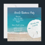 Beach Christmas New Years Party Invitation<br><div class="desc">Beach Christmas party invitations with blue ocean water background and big sand dollar design. Square cards have optional rounded corners, or choose the round shape. White text with party title at top and date and time printed on the sand dollar. Reverse also has a beach scene.</div>