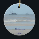 Beach Christmas Ornament<br><div class="desc">This pretty ornament features a photograph of the beach on the front and back.  Fishing boats dot the skyline.  On the front is a spot for a custom message or you can remove the text all together.  Perfect for someone who loves to travel.</div>