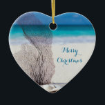 Beach Christmas Ornaments Heart Coral<br><div class="desc">Beach Christmas ornaments (heart ceramic) with coral and customizable text.</div>