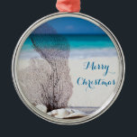 Beach Christmas Ornaments Round Metal Coral<br><div class="desc">Beach Christmas ornaments with coral and customizable text Merry Christmas. It's metal premium round ornament and measures 2.125 inches and weights 1.25 ounces.</div>