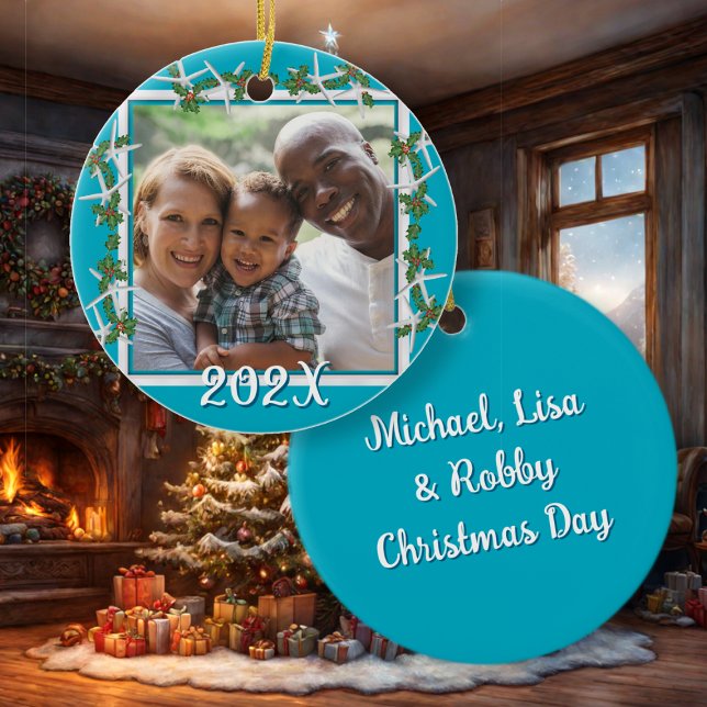 Beach Christmas Photo Ornament Starfish Blue (Creator Uploaded)