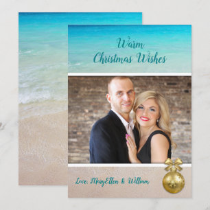 Beach Christmas Photo Template Gold Ornament Card
