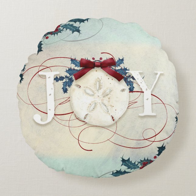 Beach Christmas Sand Dollar Joy Typography Holly Round Pillow (Front)