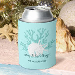 Beach Christmas Sand Dollar Starfish Aqua Blue<br><div class="desc">This personalized Beach themed Christmas can cooler features aqua blue glitter coral,  white sand dollar and starfish,  and the holiday message “Seas & Greetings”,  on a light aqua blue background.</div>