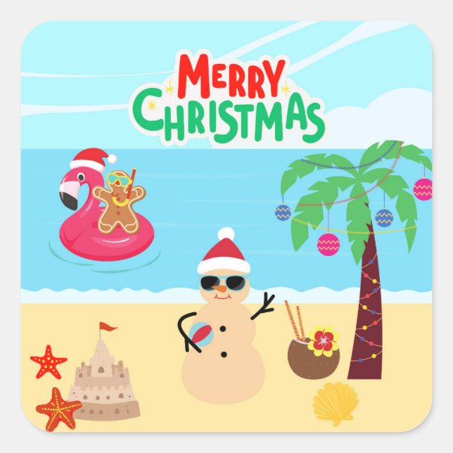 Beach Christmas Scene Square Sticker (Front)