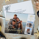 Beach Christmas Script 3 Photo Collage Gold Foil Holiday Card<br><div class="desc">Add your family photos,  name,  and year date to this unique beach inspired holiday card,  with elegant script overlay “Seas ‘n Greetings” printed with real gold foil.</div>