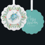 Beach Christmas Sea Turtle Ornament Card<br><div class="desc">This beach Christmas ornament features a watercolor sea turtle encircled by a wreath of greenery and red berries. The ornaments reverses to feature the words "Merry Christmas" in hand lettered typography over a turquoise blue background. Use the template fields to add your custom greeting. A charming choice for gift giving...</div>