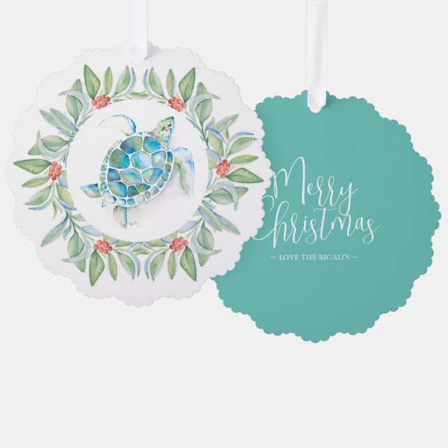 Beach Christmas Sea Turtle Ornament Card (Front/Back)