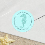 Beach Christmas Seahorse Aqua Round Return Address Classic Round Sticker<br><div class="desc">This coastal Christmas return address label features an aqua blue glitter seahorse on a lighter aqua blue background.
*If you would like this design on more products or need design help,  please contact me through Zazzle Chat.</div>