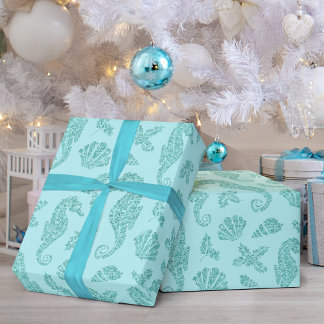 Beach Christmas Seahorse Pattern Aqua Glitter Wrapping Paper