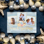 Beach Christmas Seas and Greetings Wood Photo Foil Holiday Card<br><div class="desc">Send warm Christmas wishes from the beach with this personalized coastal holiday card with 3 photos and “Seas & Greetings” script calligraphy printed with real gold foil. In the centre is a group of watercolor seashells,  with a beach wood background.</div>