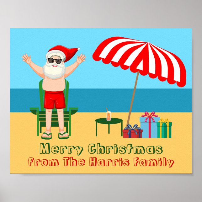 Beach Christmas Summer Santa Claus Custom Party Poster (Front)