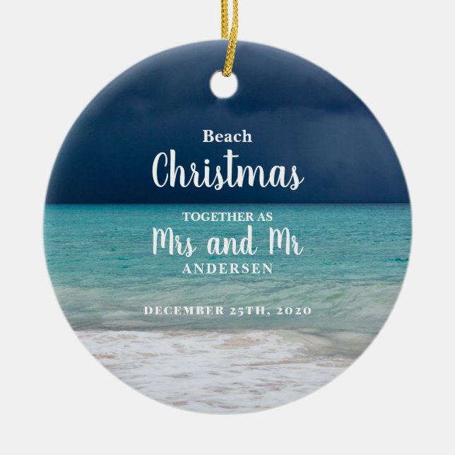 Beach Christmas together Mrs Mr Family Ceramic Ornament (Front)