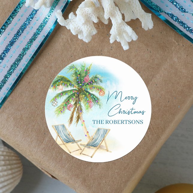Beach Christmas Tropical Palm Tree  Classic Round Sticker (Creator Uploaded)
