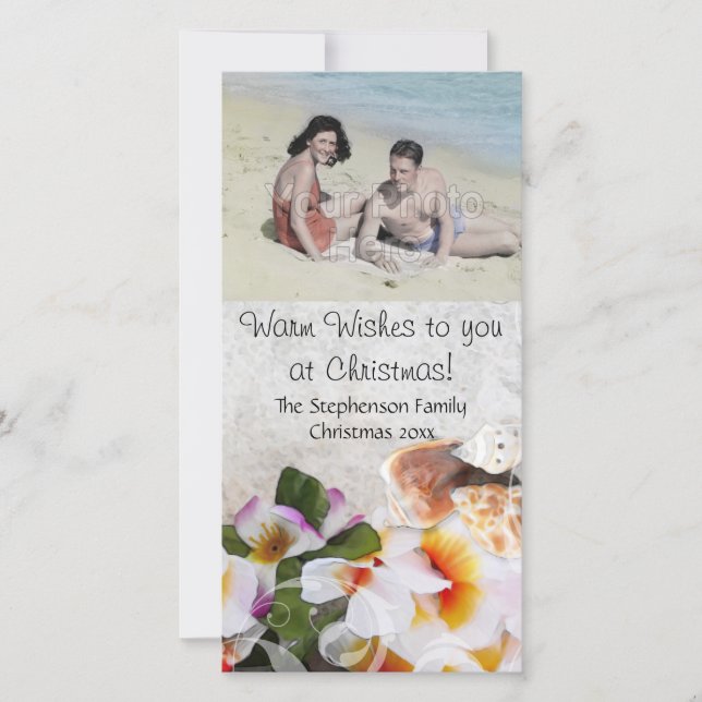 Beach Christmas Warm Wishes Flowers Shells Holiday Card (Front)