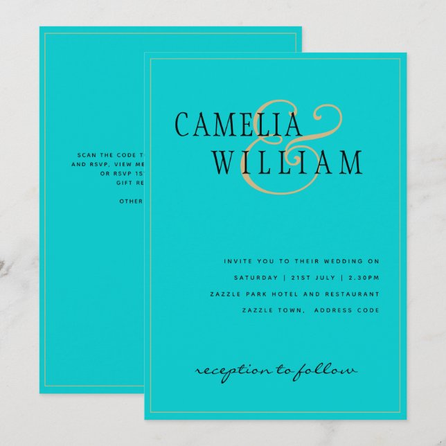 Beach Classic Turquoise Gold Wedding Invitation (Front/Back)