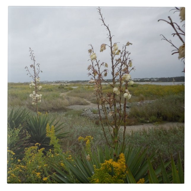 Beach Clouds and Wildflowers - Oak Island, NC Tile (Front)