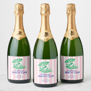 Beach Club Pink Stripes Retro Girl Birthday  Sparkling Wine Label
