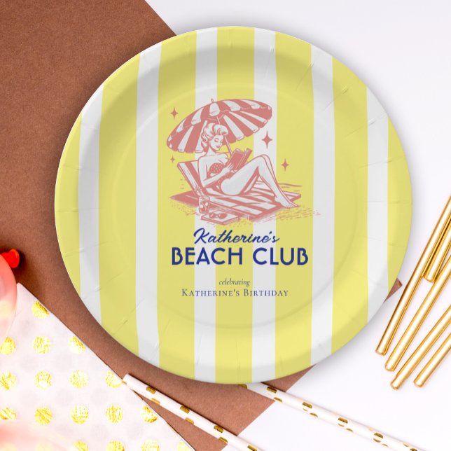 Beach Club Yellow Stripes Birthday Party Pap Paper Plate (Creator Uploaded)