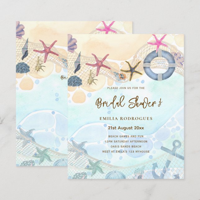 Beach Coastal Bridal Shower Invite Sand Ocean Life (Front/Back)