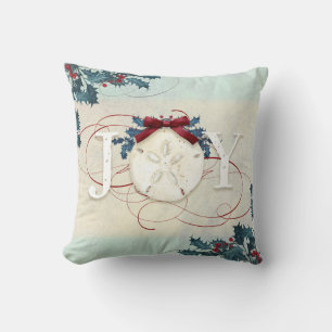 Beach Coastal Christmas Joy Sand Dollar Blue Holly Throw Pillow