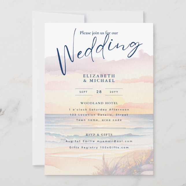  Beach Coastal Destination Sunset Tropical Wedding Invitation (Front)