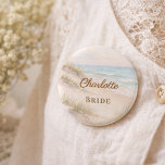 Beach Coastal Elegant Bachelorette party Name Tag 2 Inch Round Button<br><div class="desc">Celebrate the bride in coastal style with these personalized beach-themed name tag buttons, designed for bachelorette parties and bridal celebrations. Available in customized versions featuring the bride’s name with “Bride” or individual names with the title “Bridesmaid, ” these elegant buttons make it easy to identify the bridal party while adding...</div>