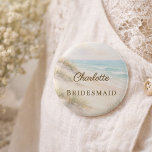 Beach Coastal Elegant Wedding Bridesmaid Name Tag 2 Inch Round Button<br><div class="desc">Celebrate the bride in coastal style with these personalized beach-themed name tag buttons, designed for bachelorette parties and bridal celebrations. Available in customized versions featuring the bride’s name with “Bride” or individual names with the title “Bridesmaid, ” these elegant buttons make it easy to identify the bridal party while adding...</div>