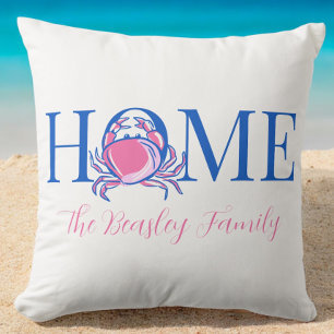 Beach Coastal Home Crab Family Name Throw Pillow