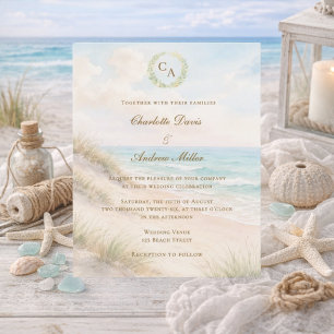 Beach coastal monogrammed wedding invitation