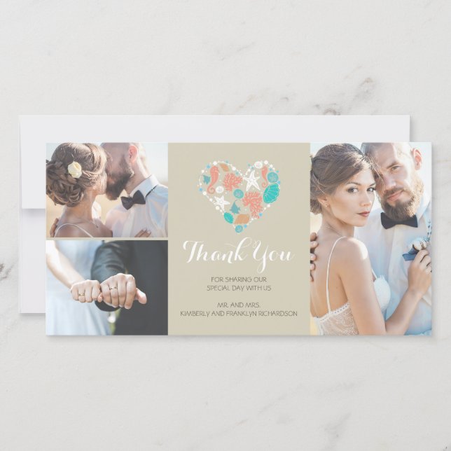 Beach Coastal Nautical Heart Wedding Thank You (Front)