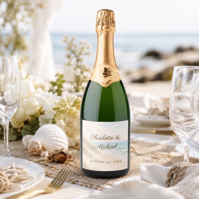 Beach coastal romantic seascape wedding sparkling wine label (Creator Uploaded)